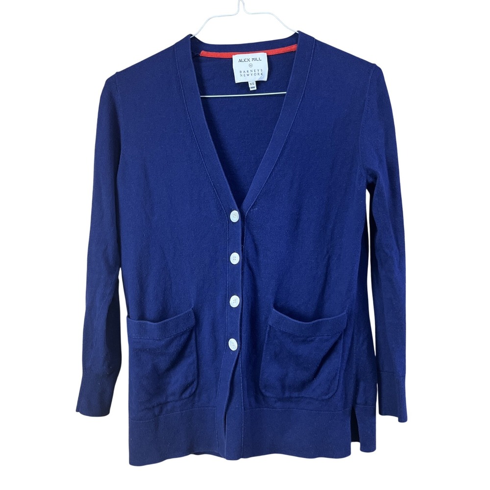 Alex Mill Knit Cardigan Women XS Navy Blue Sweater V-Neck Button Front Pockets
